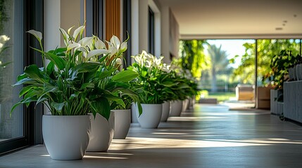 Indoor greenery: peace lilies line a sun-drenched hallway. The indoor plants add brightness, creating a calming, peaceful environment.