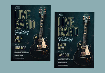 Live Band Friday Social Media Post or Flyer with Guitar for Weekend Music Event, Editable Design. Musical Night Party, Club Party or Musical Event Advertisement. 