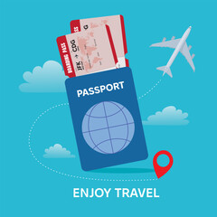 Travel concept illustration featuring essential travel items including a passport, boarding passes to Paris, and an airplane model set against a blue sky.