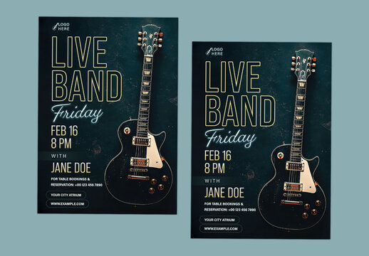 Live Band Friday Social Media Post or Flyer with Guitar for Weekend Music Event, Editable Design. Musical Night Party, Club Party or Musical Event Advertisement. 