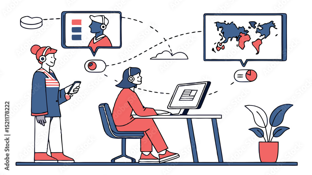 Poster two people communicating remotely with screens showing a world map and a profile view of a person