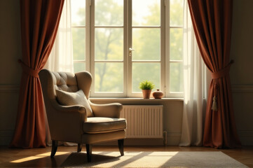 A single chair sitting in front of a window with an open view
