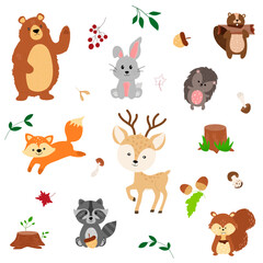 Set of cute forest animals bear, fox, squirrel, hedgehog, hare, raccoon in cartoon style with trendy textures on white background. Autumn leaves, mushrooms, viburnum, acorn, nuts