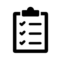 Black vector icon of checklist with clipboard and multiple ticked items representing task completion productivity and organization
