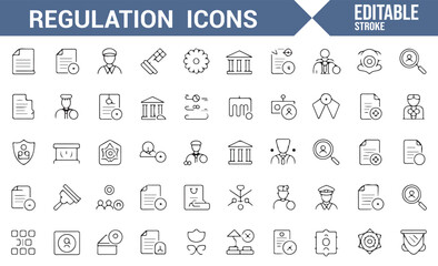Set of Icons Representing Regulation, Legal Documents, and Justice