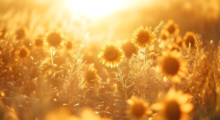A field of sunflowers, with the flowers blooming towards the sunlight