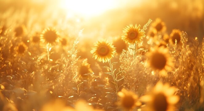 A field of sunflowers, with the flowers blooming towards the sunlight
