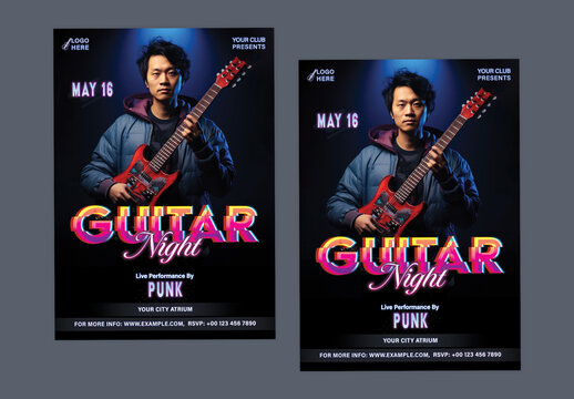 Guitar Night Party Social Media Post or Flyer with Asian Male Guitarist Ready to Perform, Editable Design. Musical Night Party, Club Party or Musical Event Advertisement. 