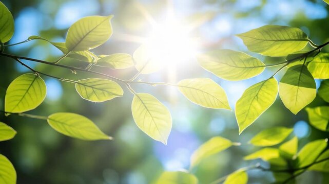 Close-up, low-angle view of sunlit green leaves against a blue sky, creating a serene, natural atmosphere ideal for a calming video backdrop. Live desktop wallpaper.