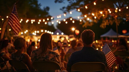 Fototapeta premium A large crowd of people gathered in a park at night enjoying a lively concert and waving American flags in a festive atmosphere