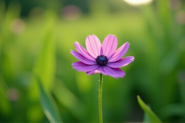 A single purple flower grows in the center of a green field, surrounded by grass and wildflowers
