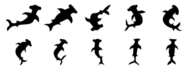 Hammerhead shark silhouette set, black hand drawn flat vector illustration of hammerhead isolated