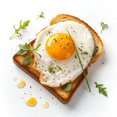 Sunrise Breakfast: A tantalizing plate of a sunny-side-up egg perches atop perfectly toasted bread, garnished with fresh herbs and a drizzle of oil.