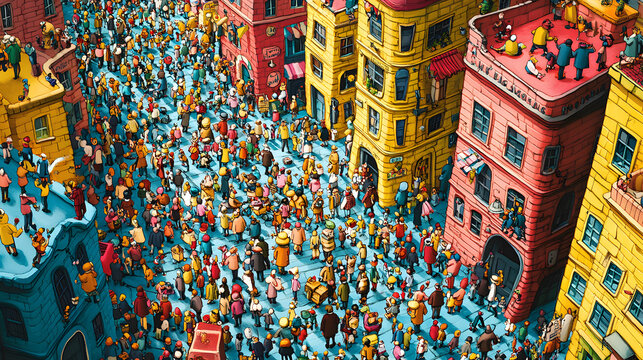 A playful and densely packed visual puzzle capturing the iconic search for Waldo among a sea of colorful, bustling characters. Generative AI