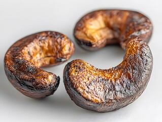 Close up shot showcasing three roasted cashews with a glossy sheen on a plain white surface backdrop