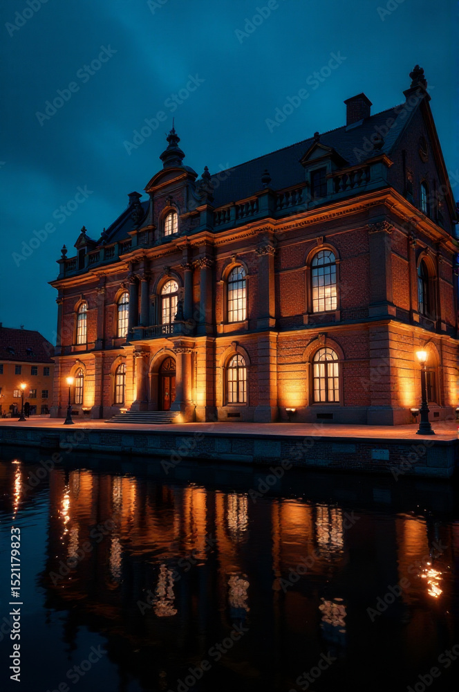 Poster a large building with a clock tower in the foreground