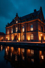 A large building with a clock tower in the foreground