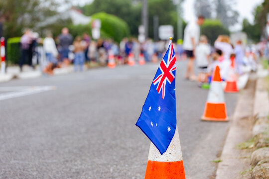 Australian flag along street for ANZAC day parade march