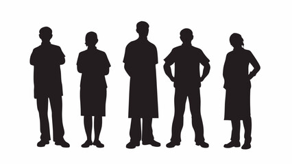 Silhouette depiction of five medical professionals standing in a group setting together today now soon