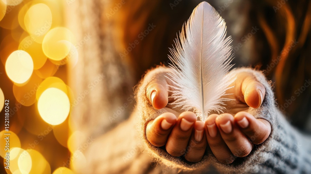 Poster a person s hands gently holding a soft wispy feather in a dreamlike out of focus setting creating a 