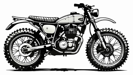 Black and white sketch of a vintage offroad dirt bike motorcycle side view with knobby tires and detailed engine