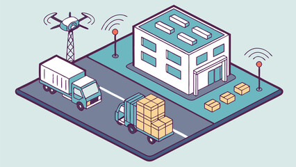 Isometric view of delivery trucks, drone, warehouse, and packages depicting modern logistics and supply chain management