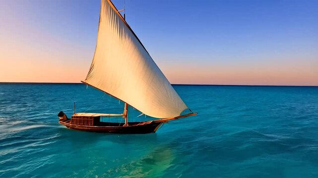 Traditional dhow sailboat on turquoise ocean under blue sky. Wooden dhow with billowing white sail on calm seas. Classic Arabian sailing vessel on vast open waters.