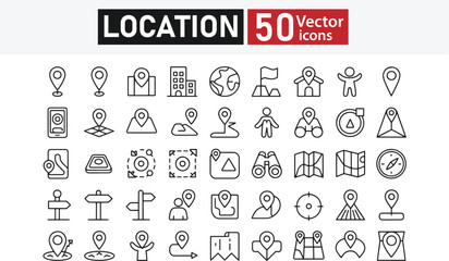Collection of 50 Line Icons for Location, Navigation, GPS, and Map Markers – Editable Stroke Vector Illustration