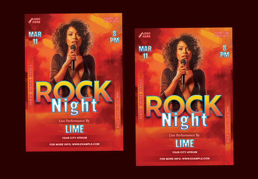 Rock Night Social Media Post or Flyer with Female Singer Holding Mic Ready to Perform, Editable Design. Musical Night Party, Club Party or Musical Event Advertisement. 