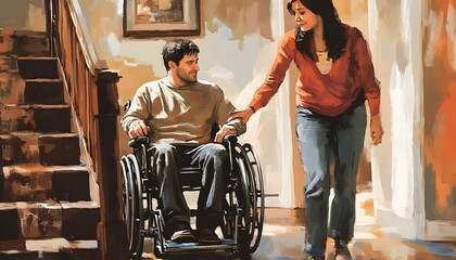 Fototapeta premium A woman helping a man in a wheelchair.