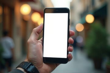 A person holds up their smartphone with a blank white screen