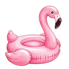delightful watercolor painting showcases vibrant, pink flamingo pool float, poised and ready summer of fun in sun on white backdrop.