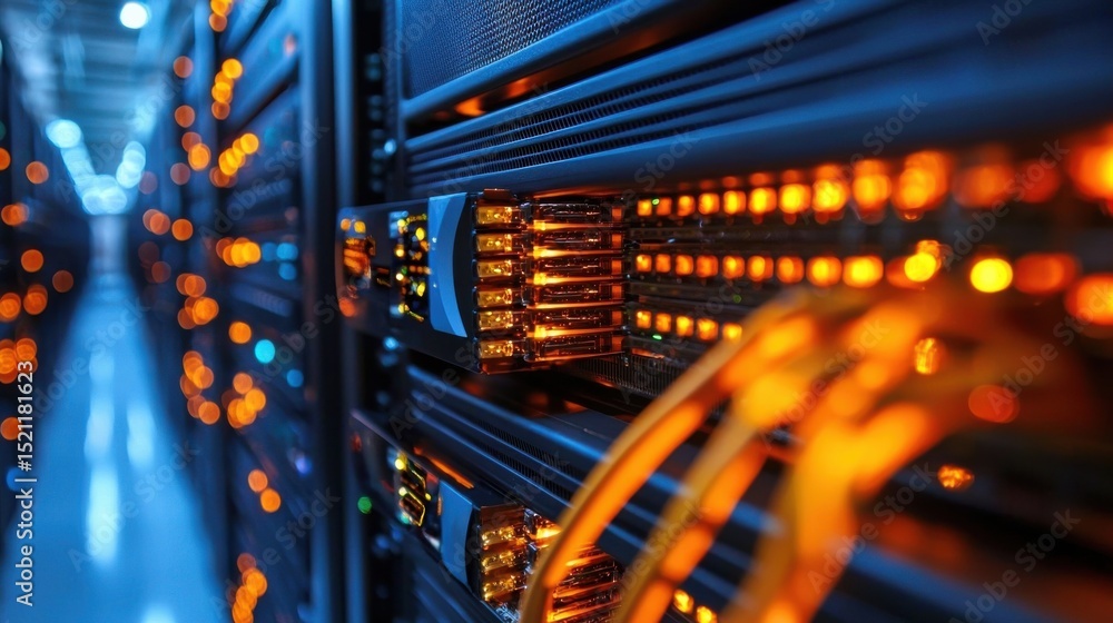 Poster an illuminated server rack filled with networking equipment and cables in a modern data center showc