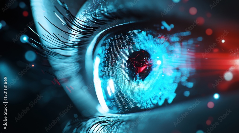 Poster close up image of a human eye with futuristic digital elements representing the concept of privacy b