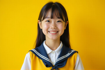 A young girl wearing a sailor's uniform smiles directly at the camera