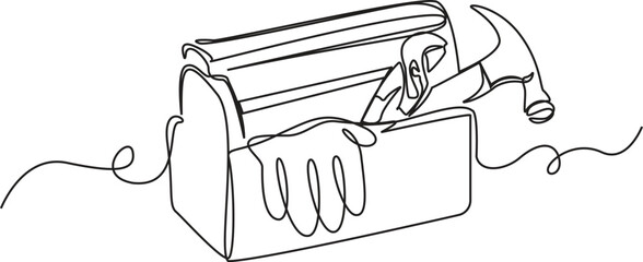 One Line Drawing of Toolbox with Tools – Minimalist Vector Illustration of Hammer, Gloves, and Equipment.