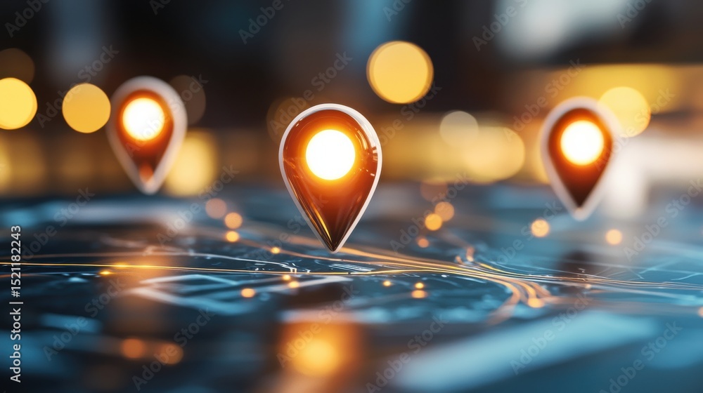 Poster blurred digital map with glowing location markers representing an advanced real estate search and na