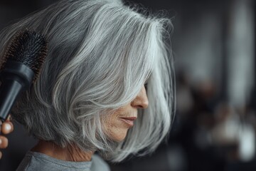 Close-up of hairstylist blow-drying shoulder-length silver hair with round brush, visible volume, soft lighting, detailed strands, salon scene.