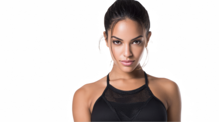 Studio shot of a confident hispanic fitness model wearing a sleek black outfit. Showcasing a strong and healthy physique against a transparent background. Perfect for fitness and lifestyle promotions