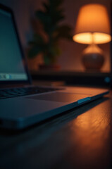 A laptop computer sits on a wooden desk with a simple, clean background