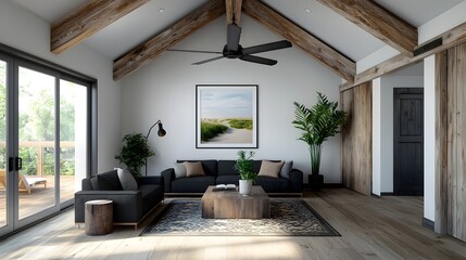 Rustic and inviting living space with exposed wood beams and plush furnishings