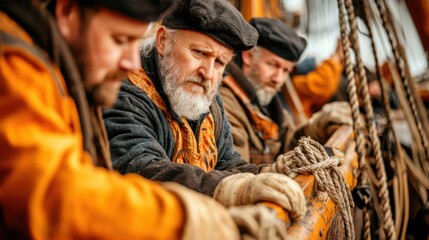 A group of seasoned sailors carefully preparing the rigging and gear for an upcoming voyage on a ship showcasing their expertise and teamwork in the maritime industry