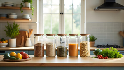 Jars placed on kitchen countertop and table
