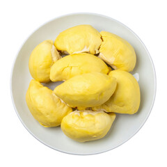 Fresh durian fruit on white plate, vibrant and tropical
