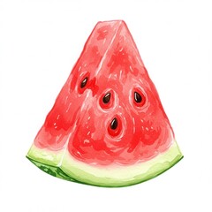 A vivid watercolor illustration showcases juicy, triangular slice of watermelon with its characteristic red flesh, dark seeds, and green rind against stark white background