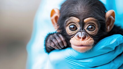 A baby chimpanzee wrapped in a blue blanket being carefully cared for by a caretaker at a wildlife rescue and rehabilitation facility