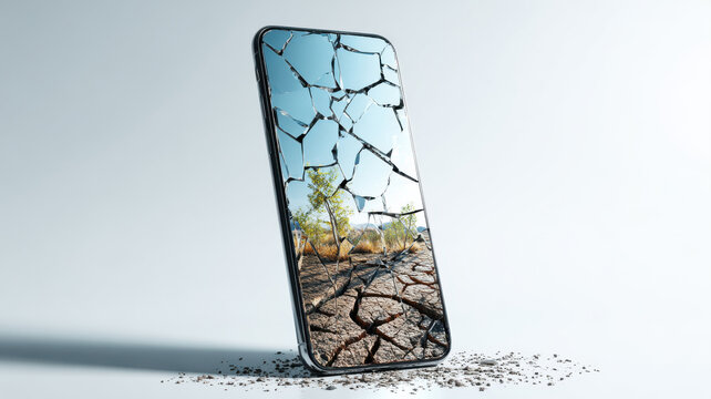 Symbolic cracked smartphone screen with climate protest reflection, digital activism concept
