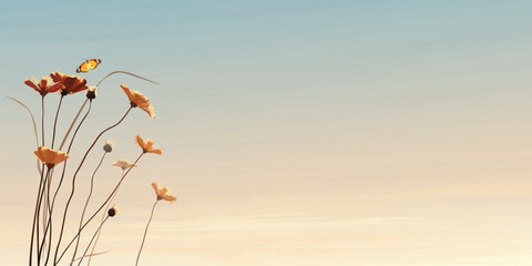 Silhouette flowers with butterfly with vanilla sky background graphic illustration have blank space.