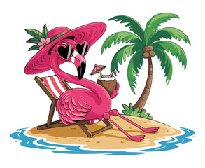 Cartoon-style illustration depicting a pink flamingo in a hat, sitting on a folding chair on an island with a palm tree and sipping a cocktail through a straw on a white background. Vector graphics.  © Dzianis