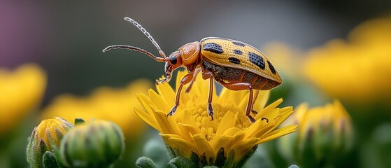 Spotted beetle explores vibrant flower petals
